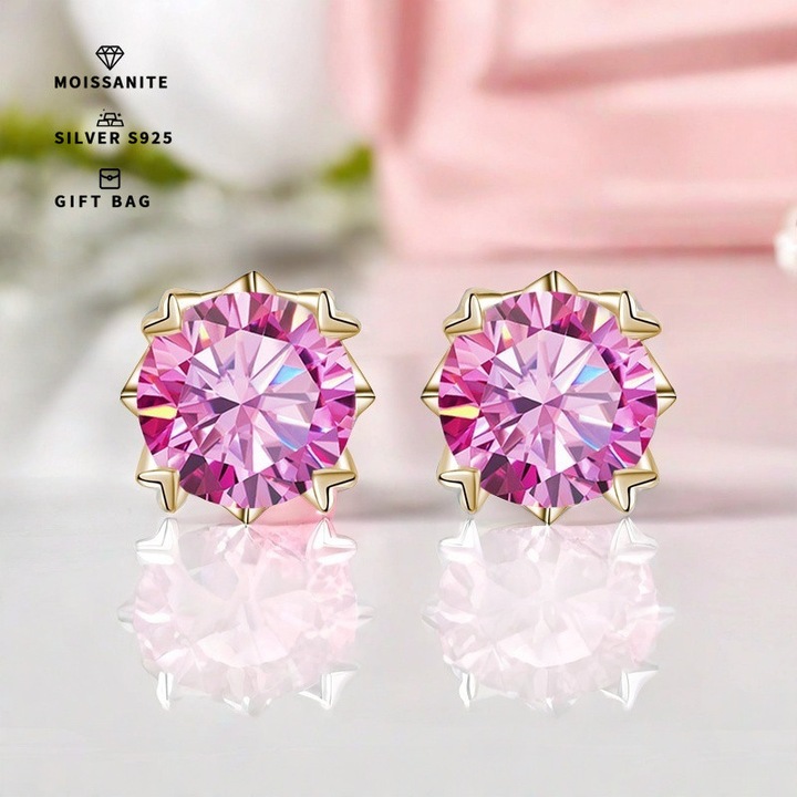 Cercei din Argint cu Moissanite Sintetice Rotunde 0.3 Carat, Roz, Stil Atemporal