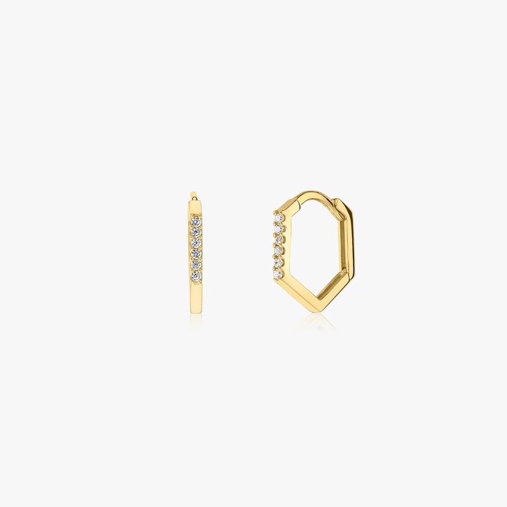 Cercei din aur, INDIRA, Hexagon Hoops, zirconiu, 14k