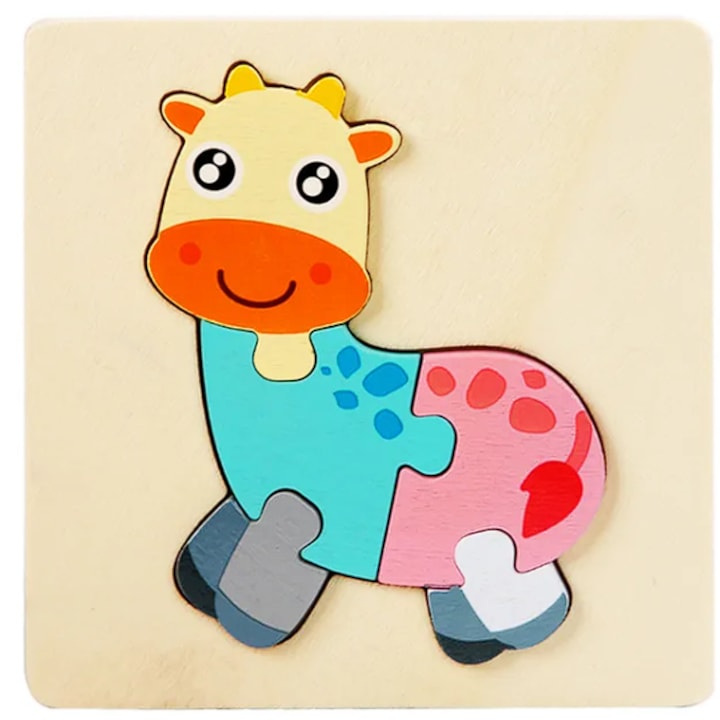 Puzzle din lemn cu animale, joc educativ de asociere si invatare pentru copii 2+ ani, forme si recunoastere vizuala
