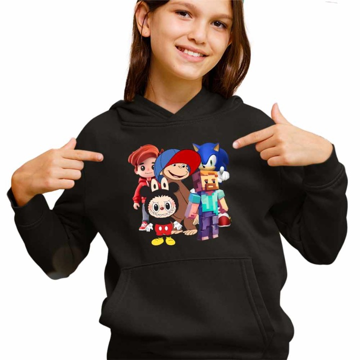 Hanorac Copii Fete Maimuta George Roblox Labubu Sonic, Negru