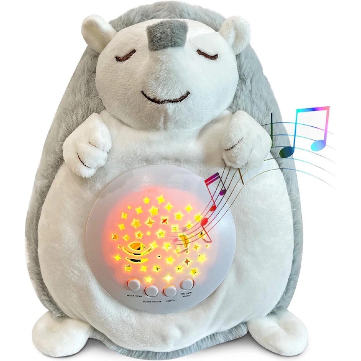 Jucarie adorabila din plus in forma de arici, veioza cu proiectii linistitoare si muzica, proiector de stele pentru somnul bebelusului, jucarie din plus pentru copii