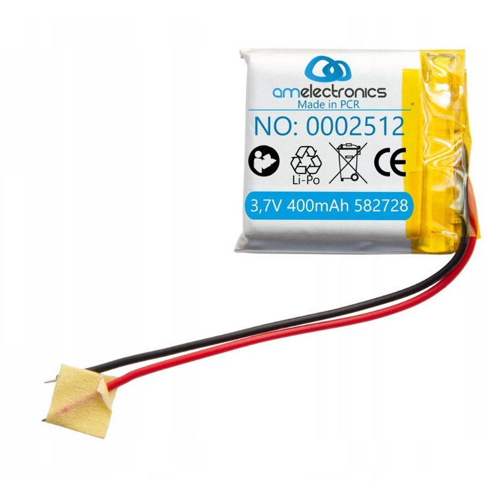 LiPo батерия 3.7V 400mAh AM Electronics 582728, размери 5.8x27x28mm, употреба в мобилни устройства и DIY електроника