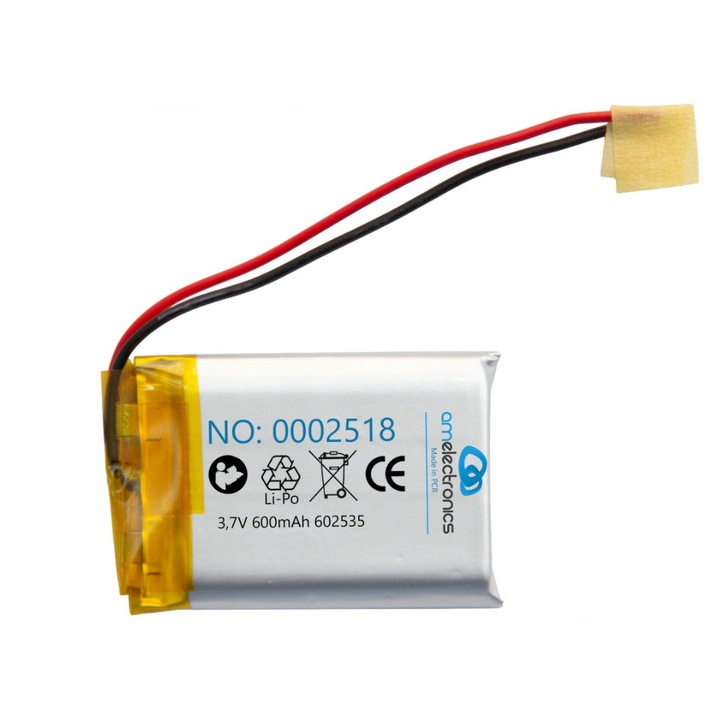 LiPo батерия 3.7V 600mAh 602535, AM Electronics, размери 6x25x35mm, компактна