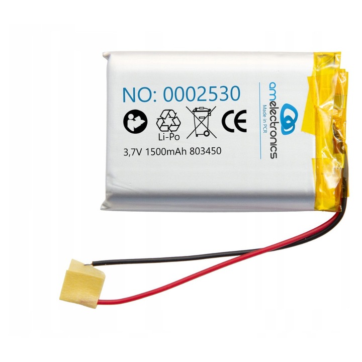 LiPo акумулатор 3.7V 1500mAh AM Electronics 803450, размери 8x34x50mm