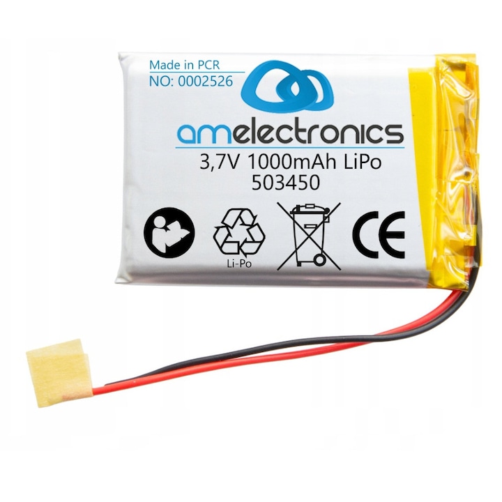 Acumulator LiPo 3,7V 1000mAh AM Electronics 503450, dimensiuni 5x34x50mm, utilizare pentru dispozitive mobile si modele RC
