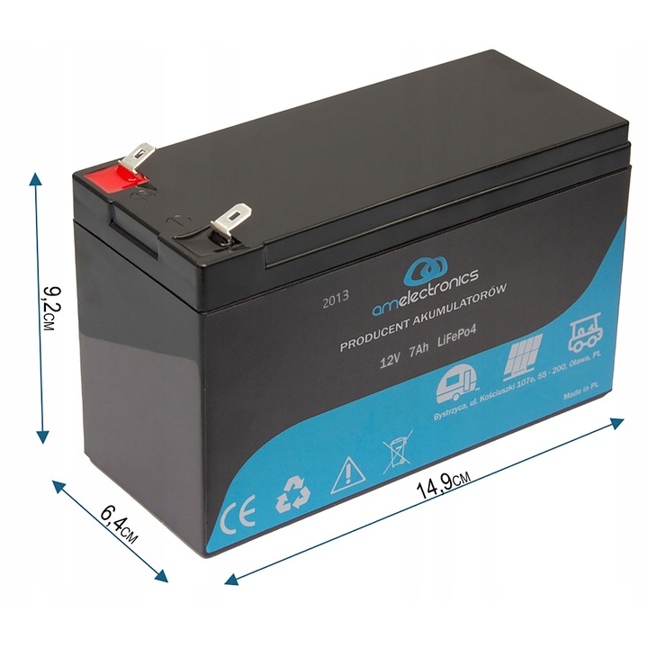 Akkumulátor 12V 7000mAh LiFePo4, BMS 25A, méretek 9,2x6,4x14,9cm