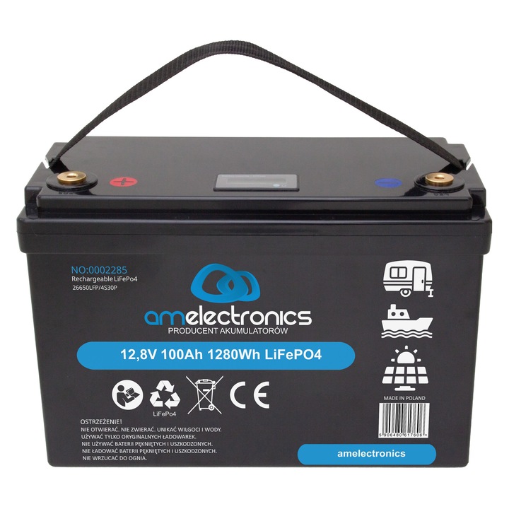 LiFePO4 akkumulátor 12,8V 100Ah töltésjelzővel, AM Electronics, 1280Wh, napenergia és off-grid rendszerekhez