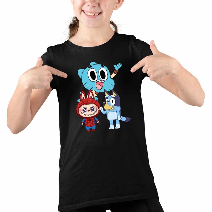 Tricou Copii Fete Gumball Bluey Labubu, Fekete
