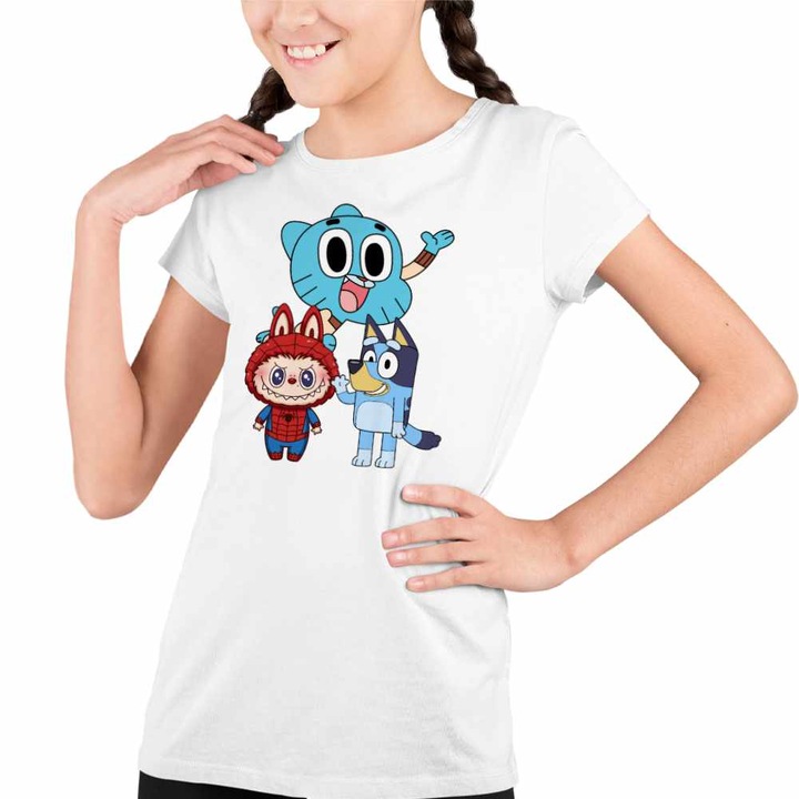 Tricou Copii Fete Gumball Bluey Labubu, Fehér
