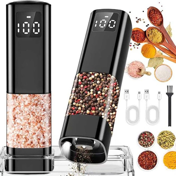Set 2 rasnite electrice pentru sare si piper, 100ml, cu afisaj digital, iluminare LED