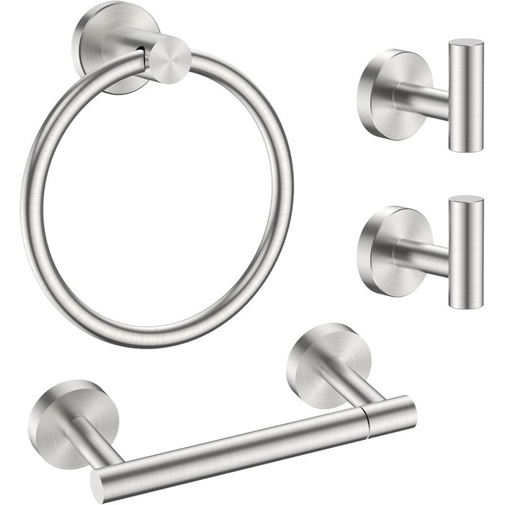Set 4 accesorii baie din inox, suport prosoape, suport hartie igienica, carlige multifunctionale, design modern, finisaj satinat
