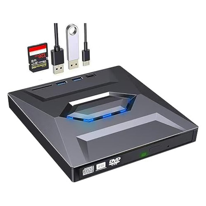 Външно CD/DVD устройство за компютър и лаптоп - 5-в-1 преносим USB C DVD плейър със слот за SD карта и 3 USB порта - високоскоростен CD записващ съвместим с Mac, Windows 11/10/8/7, Linux