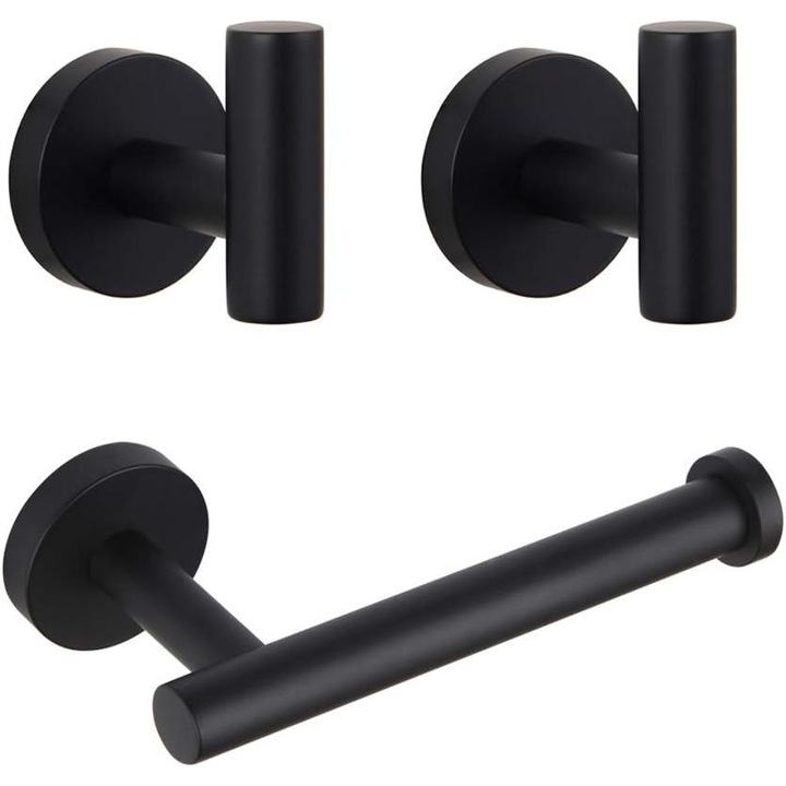 Set accesorii baie 3 piese inox, suport hartie igienica si 2 carlige, montaj ascuns, 18x8cm