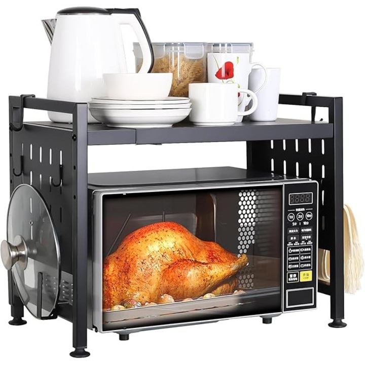 Raft pentru microunde extensibil, 2 niveluri, metal, capacitate 72 kg, negru, cu 4 carlige