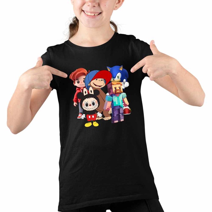 Tricou Copii Fete Maimuta George Roblox Labubu Sonic, Fekete