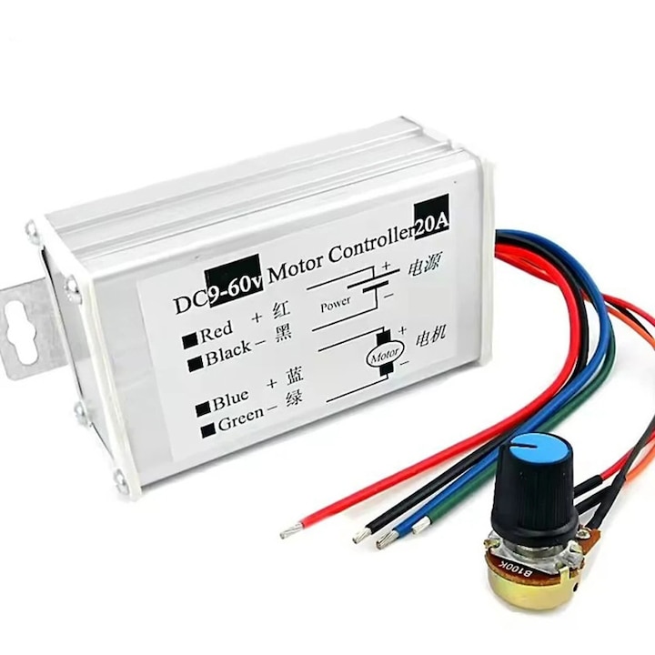 Regulator de viteza motor DC, 9-60V, 20A, 1200W, controler PWM turatie cu potentiometru
