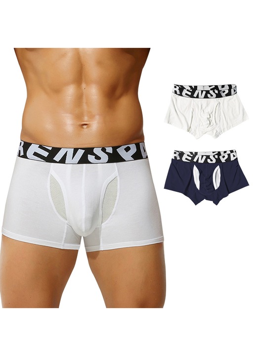 Set de 2 Boxeri barbati, Fibre de bambus, Alb/Albastru inchis