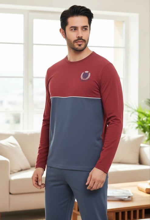 Férfi pizsama, 100% török pamut, StarFashion, hosszú nadrág és felső, Bordeaux