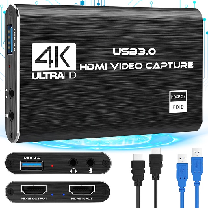Adaptor captura video Tressino, 1080p, HDMI la USB 3.0, Negru, inclus cabluri