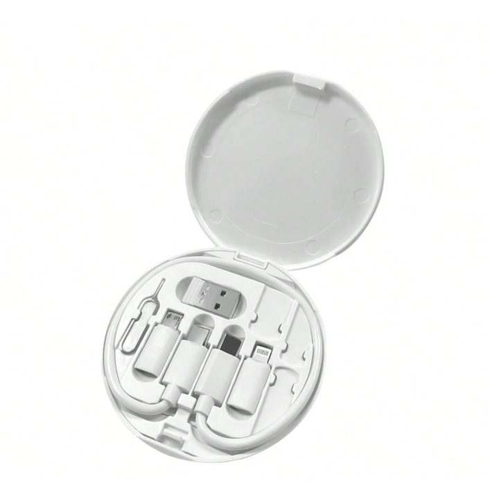 Kit Portabil Multifunctional 5 in 1, Adaptoare Telefon/Tableta, USB-A / USB-C / Lightning / Micro-USB, Alb, Compact