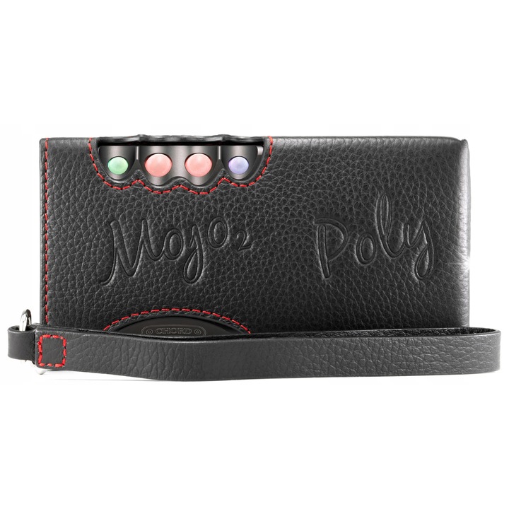 Husa din piele premium pentru Chord Electronics Mojo 2 si Poly, neagra cu cusaturi rosii, 13,4x6,5x2,8cm