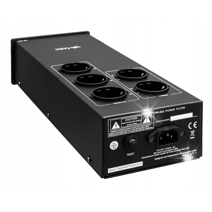 Разклонител Taga Harmony PF-500, 5 контакта, филтриране, черен, 8.5x14x35см