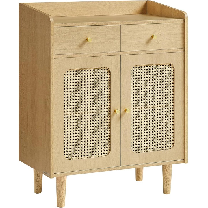 Dulap 70x40x90 cm, cu 2 sertare, raft reglabil si usi duble, MDF si lemn masiv, stil boho, stejar bej