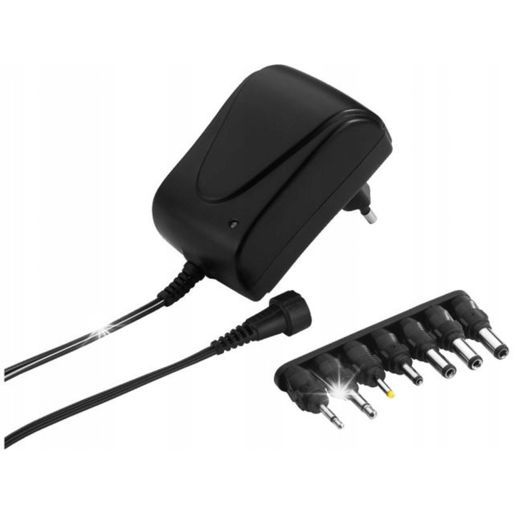 Импулсно захранване Monacor 1.5A, 3-12V DC, 7 адаптера, 1.8м кабел, 52x54x82мм