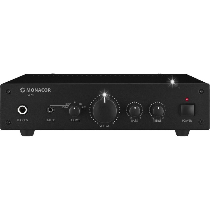 Kompakt sztereó erősítő, 25W RMS, Monacor, 3.5mm audio bemenet, 212x56x200mm, 1.8kg