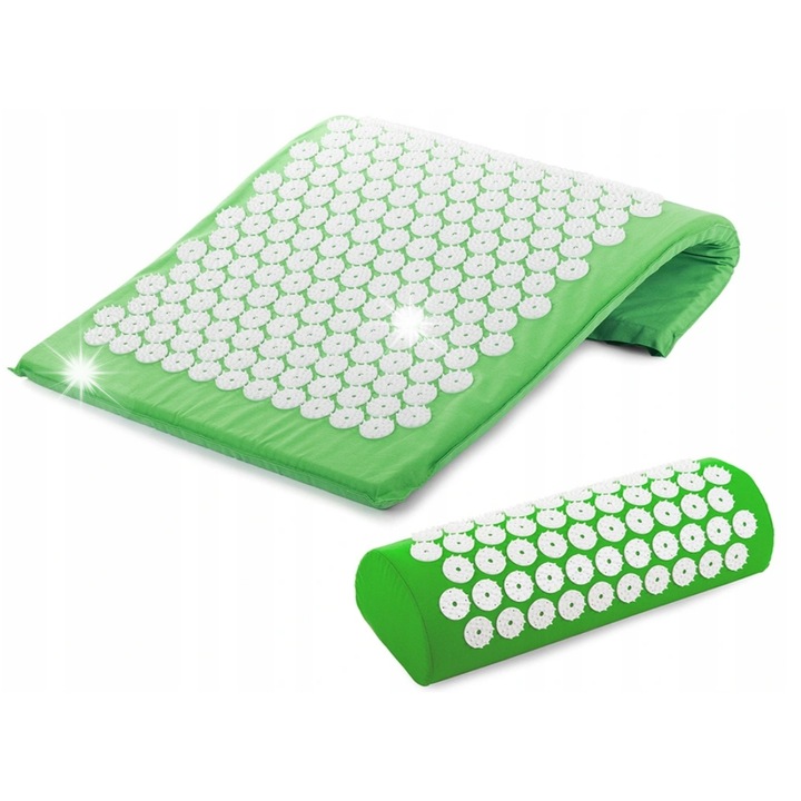 Set saltea si perna masaj VRK, 73 rozete perna, verde, 65x41x2cm, 38x14x10cm