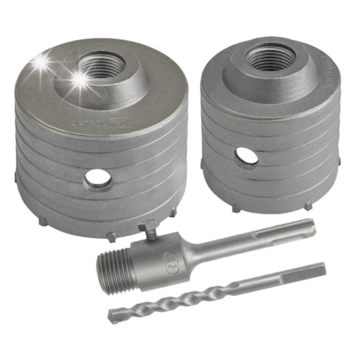 Set de coroane pentru gaurit HuW 65mm + 80mm, adaper SDS+, 50mm adancime, pentru beton si zidarie