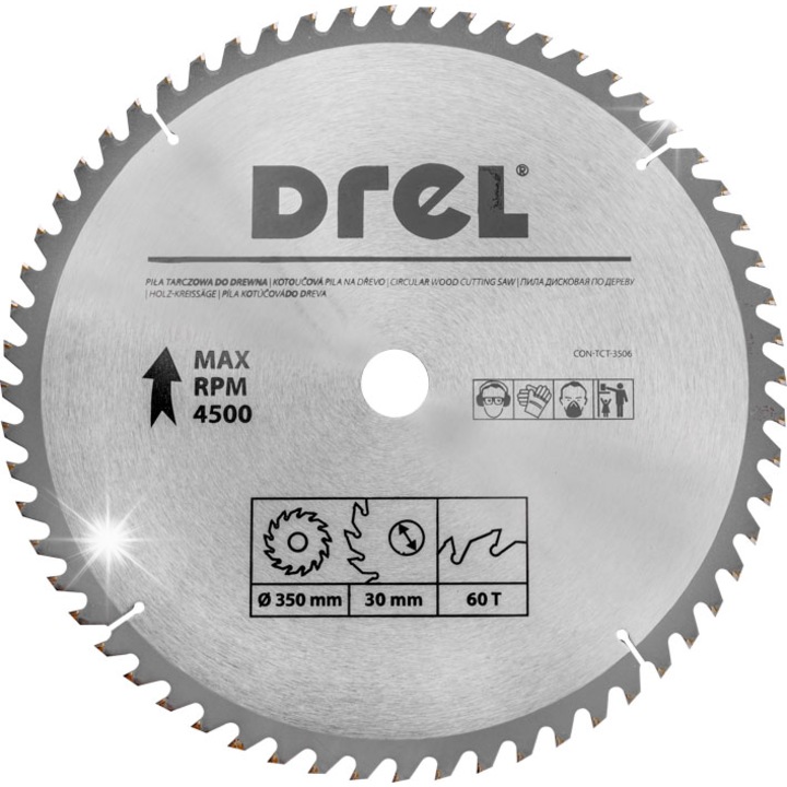 Disc de taiere din tungsten pentru lemn Drel, 350x30mm, 60 dinti, pentru taiere precisa