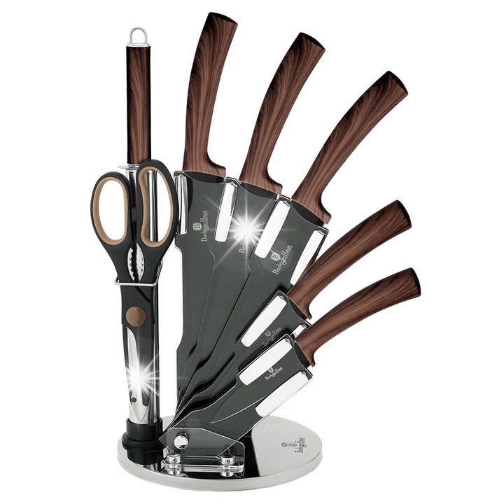 Комплект ножове Berlinger Haus Ebony Rosewood, 8 части, неръждаема стомана с дръжка от имитация на дърво, черен, 25x27x33см
