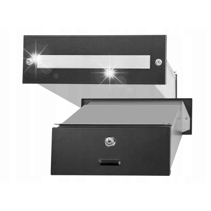 Cutie postala incorporata, HuW, dubla, din otel inoxidabil, rezistenta la intemperii, neagra, 80x275x400mm, cu incuietoare Yale, set complet