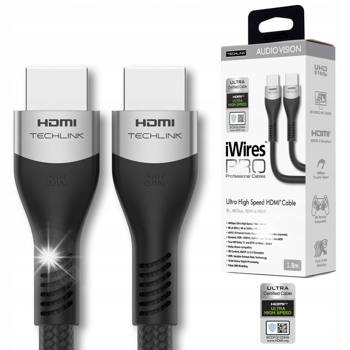 HDMI кабел Techlink iWires Pro 8K, 1,8м, Ultra High Speed, 48Gb/s, поддръжка 8K 60Hz, 4K 120Hz
