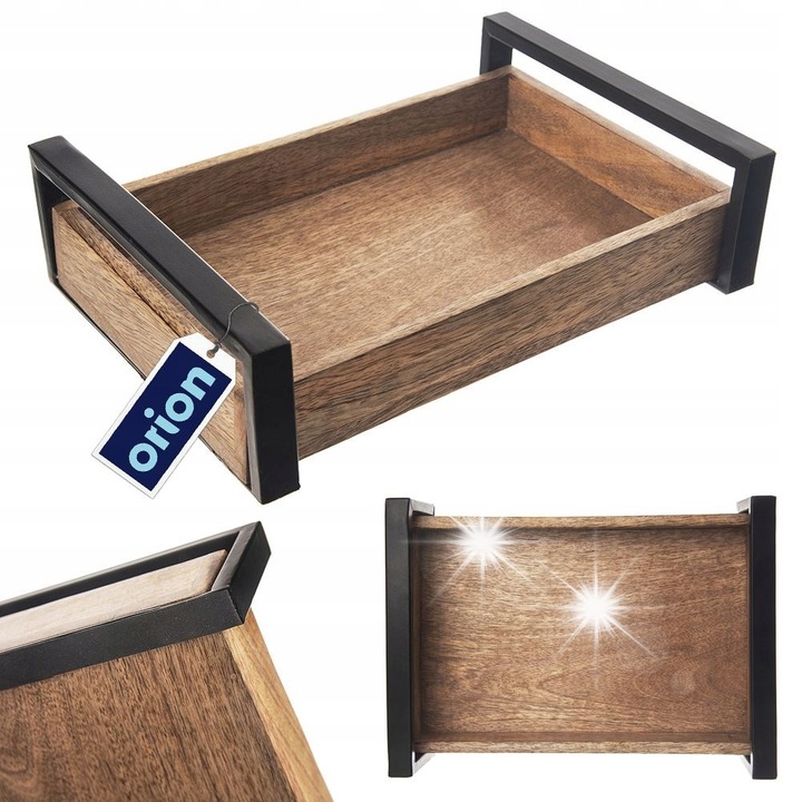 Taca de servire, Orion, dreptunghiulara, din lemn de mango, cu manere metalice, 30,5x22cm, culoare maro