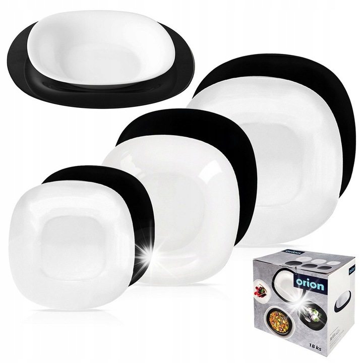 Set servicii de masa Orion, 18 piese, alb-negru, pentru 6 persoane, sticla, design patrat