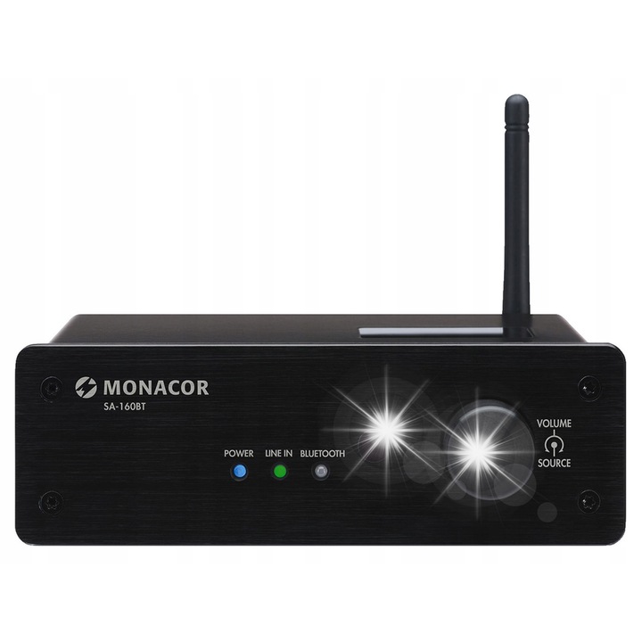 Kompakt sztereó erősítő, Monacor SA-160BT, 2x30W, Bluetooth, fekete, 150x49x122mm