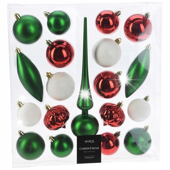 Set 19 globuri de Craciun, multicolore, 18 globuri si 1 varf, material plastic, 28cm