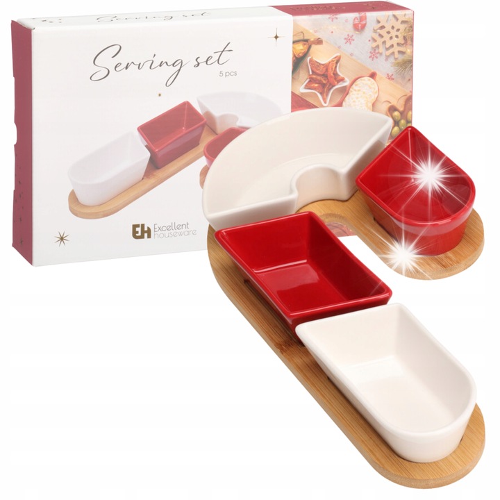 Boluri servire, boluri ceramice alb-rosii, suport bambus 29x17cm