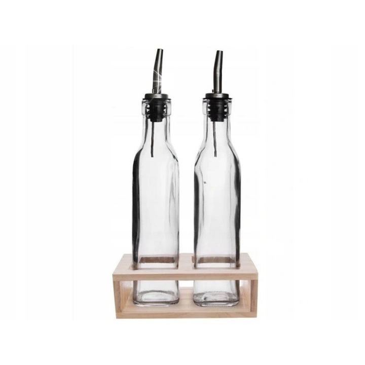 Set dozatoare pentru ulei si otet cu suport Orion, 300ml, 14x8x27cm, lemn, sticla, metal