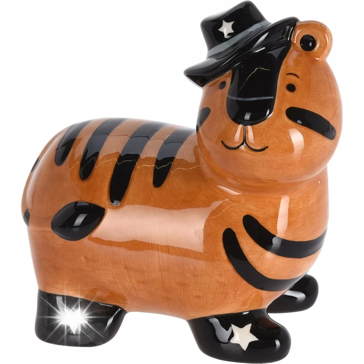 Pusculita tigru din ceramica portocalie, 15,5x10x16,5cm, set decorativ