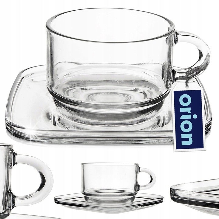 Set 6 cani din sticla cu farfurioara, 250 ml, transparent, 11,5x9x6,5cm