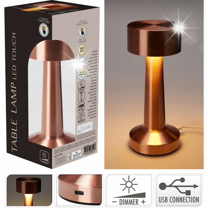 Lampa de birou Koopman, metalica, cu finisaj cupru, 8x21cm, functie de incarcare USB, 3 moduri de iluminare