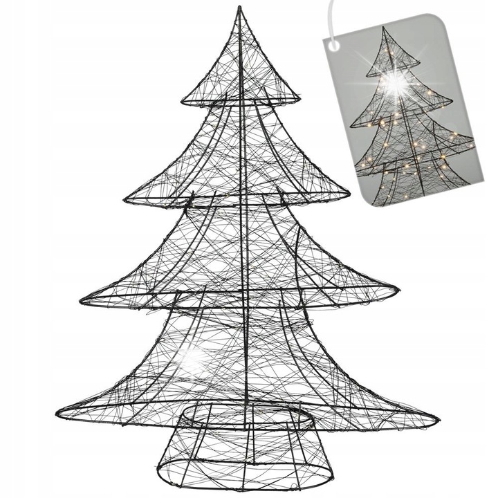 Pom Craciun, 60 cm, metal, negru, cu lumini LED, set decorativ