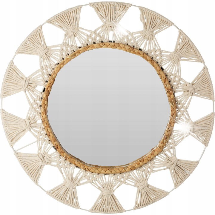 BOHO dekoratív tükör, H&S Decoration, kerek, 55x55cm, pamut keret, fehér