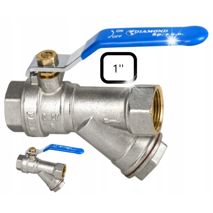 Ferde szűrős gömbcsap, 1'', sárgaréz, 109mm, kék színű