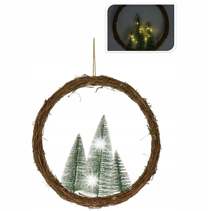 Coroana de Craciun Vilde, rattan, 40cm, cu 3 braduti, iluminata