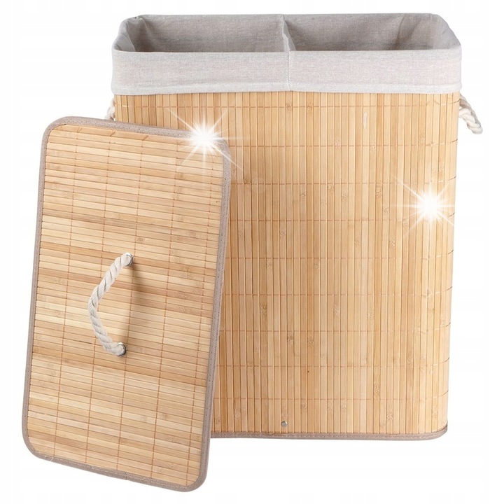 Cos de rufe din bambus, 2 compartimente, bej, 50x30,5x60,5cm, 90 litri