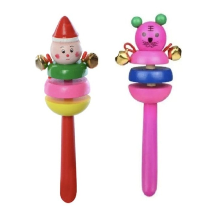 Set 2 jucarii muzicale, Castaniete, clopotei, lemn, roz/rosu, 16 cm